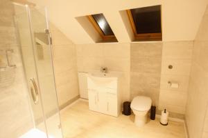 银石Homeside B&B的一间带卫生间和玻璃淋浴间的浴室