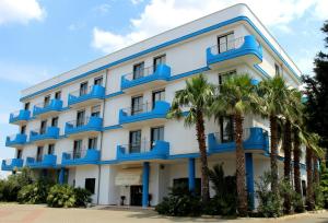 贝瓦尼亚圣彼得Hotel Villaggio Aurora的一座白色的大建筑,设有蓝色的阳台和棕榈树