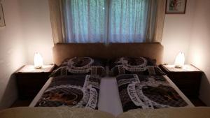 埃伦豪森Ferienwohnung Nostalgie的一间卧室配有两张带枕头的床和窗户。