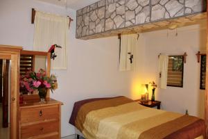 拉塞瓦皮科波尼山林小屋的一间卧室配有床和鲜花梳妆台。