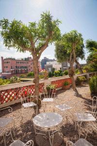 伊斯基亚全景别墅酒店的庭院配有桌椅和树木