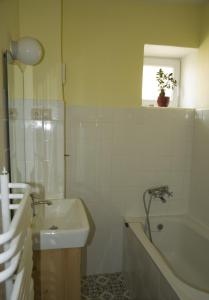 特伦钦Lately renovated country house的浴室配有盥洗盆、浴缸、盥洗盆和卫生间。