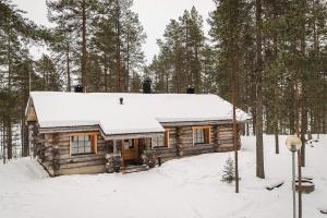 库萨莫Pikku-Junga的小木屋,屋顶上有雪,林地里