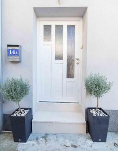 沃迪切Apartments Tonka Centar的两棵盆栽植物的白色门