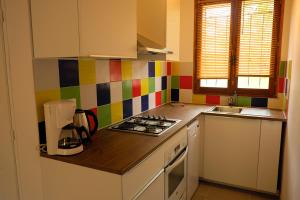 赛尼翁Envies en Lubéron的厨房配有炉灶和色彩缤纷的墙壁