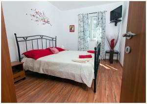 Donje Selo na ŠoltiApartments FRAGOLINA的一间卧室配有一张带红色枕头的床和电视。