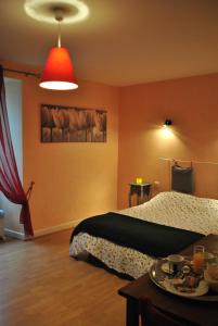 图尔农达日奈Le Beffroi Hôtel & Apart的一间卧室配有一张床和红灯