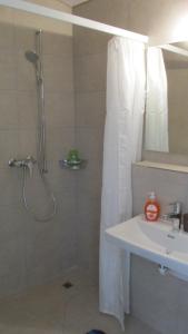 Erlach埃拉赫住宿加早餐酒店的带淋浴和盥洗盆的白色浴室