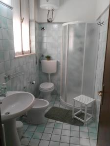巴鲁米尼B&B Casa Piras的带淋浴、卫生间和盥洗盆的浴室