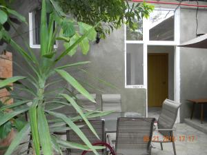 第比利斯GEO Vake Guest House的庭院配有桌椅和植物