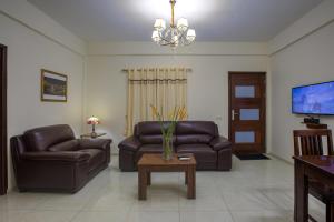 帕拉马里博Royal Mansion的客厅配有两张真皮沙发和一张桌子