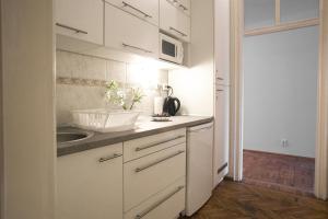 布达佩斯Ozone Private Rooms的白色的厨房配有水槽和微波炉