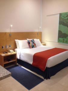 HuejotzingoHit Hoteles Aeropuerto Puebla的一间卧室配有一张带红色毯子的大床