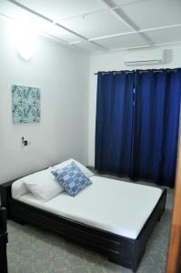 科托努Villa Ekabo的一间卧室配有一张蓝色窗帘的床