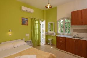 卡拉马基Hotel Kiklamino的一间卧室设有绿色的墙壁、一张床和一个水槽