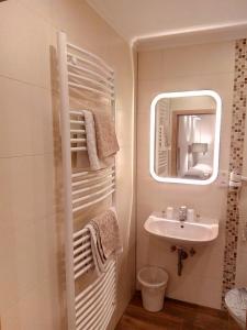 克拉根福瓦豪旅馆的一间带水槽和镜子的小浴室