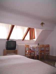 埃格尔Burg Eger的一间卧室配有一张床、一张桌子和一台电视。