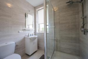 切霍齐内克Apartamenty Crystal的带淋浴、卫生间和盥洗盆的浴室