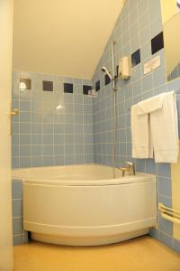 VouziersLogis Argonne Hôtel的浴室设有浴缸,铺有蓝色瓷砖。