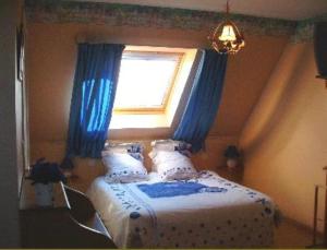 Saint-Sylvestre-Cappel三河山谷住宿加早餐旅馆的一间卧室配有一张带蓝色窗帘的床和一扇窗户