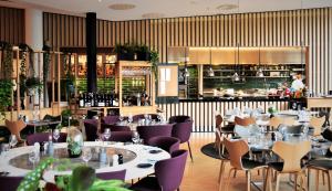 斯德哥尔摩克拉丽奥登陆号酒店的一间带桌子和紫色椅子的餐厅和一间酒吧