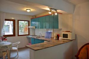 达利安Villa Poseidon的厨房配有蓝色橱柜和带微波炉的台面。