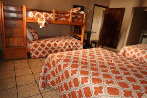 科潘玛雅遗址阶梯住宿加早餐旅馆的一间卧室配有两张床和一张双层床。