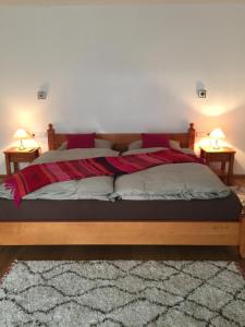 蒂罗尔-泽费尔德Haus Eibl的一间卧室配有一张大床和两盏灯