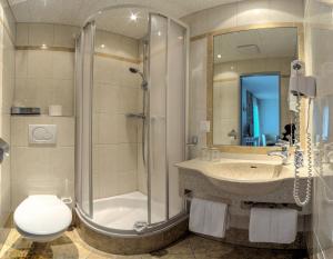 布雷根茨中央酒店的带淋浴、卫生间和盥洗盆的浴室