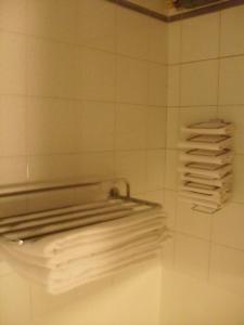 罗斯塔德阿培丝酒店的白色瓷砖浴室提供毛巾架