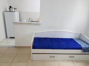 大坎皮纳Apartamento no Dalas Park Residencial的一张带蓝色床单的床铺,位于带水槽的房间里