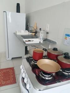大坎皮纳Apartamento no Dalas Park Residencial的厨房配有带锅碗瓢盆的炉灶。