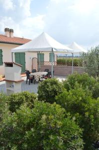 皮昂比诺Agriturismo OlivoMare的庭院设有白色帐篷和桌椅。