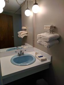 阿提卡Attican Motel - Attica - Batavia - Warsaw - Darien Lake的浴室配有盥洗盆、镜子和毛巾