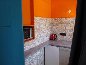 埃瑞兹Sous les chênes, en Provence的一间带柜台和微波炉的小厨房