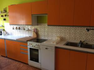 SmrečanyPrivat Klonga的厨房配有橙色橱柜、白色炉灶和水槽。