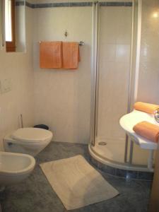 马兰扎Ferienwohnung Winklerhof的带淋浴、卫生间和盥洗盆的浴室