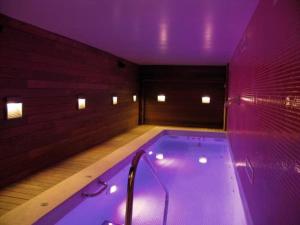 巴尔巴斯特罗索蒙塔诺圣雷蒙酒店的客房设有带紫色照明的大浴缸。