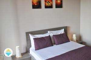 康斯坦察Antos Deluxe Apartment的一间卧室配有一张带紫色和白色枕头的床