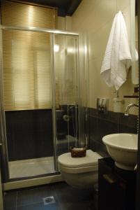 波尔塔里亚Hotel Filoxenia的带淋浴、卫生间和盥洗盆的浴室