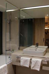 纽伦堡纽伦堡索拉特萨克斯酒店的一间带水槽、淋浴和镜子的浴室