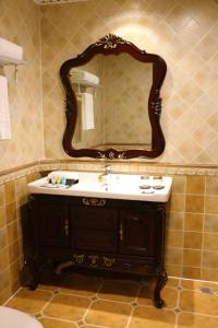 呼和浩特呼和浩特朗德国际酒店的浴室设有水槽和墙上的镜子