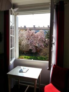 洛特河畔的维伦纽夫拉雷希当斯酒店的窗户,桌子,一棵树,花粉红色