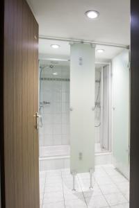 莱克斯GALAAXY Mountain Hostel的带淋浴的浴室和玻璃门