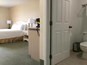 梅德福丽晶套房酒店 的卧室配有床、卫生间和门