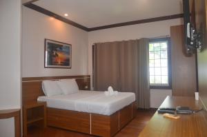 巴迪安罗宾兰德度假屋的一间卧室配有一张床、一张书桌和一个窗户。