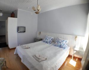 韦克叙Vääksyn Apteekinmajoitus的一间卧室配有白色床和蓝色枕头