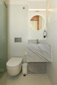 波尔图Republica 157 Guest House的一间带卫生间、水槽和镜子的浴室