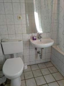 BrinjaheFerienwohnung Wisbek的一间带卫生间和水槽的浴室