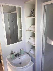 塞顿港Edinburgh, Seton Sands的浴室配有盥洗盆、镜子和毛巾